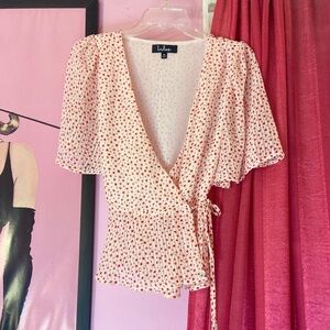 Lulu’s White/Red Polka Dot Chiffon Wrap Around Sheer Retro Blouse Women’s Medium